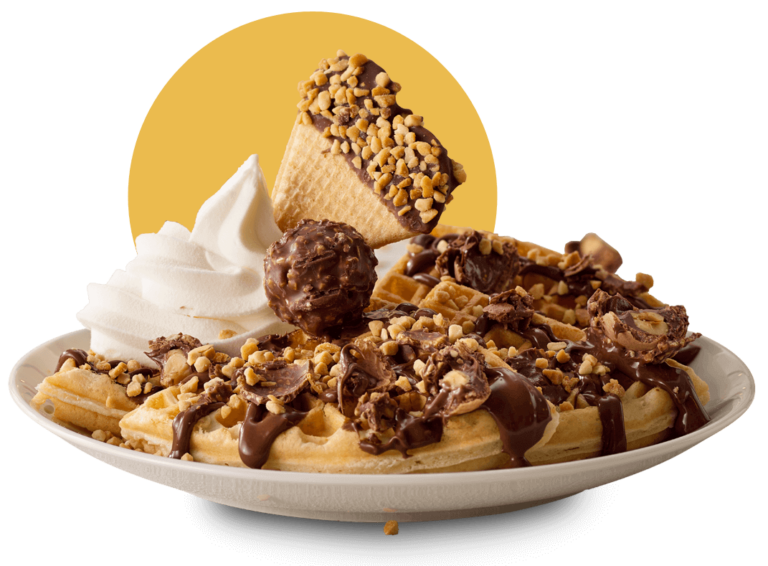 Ferrero Rocher waffle with chocolate sauce and ice cream